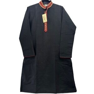 NWT SkaVii Men's S Black Red Gold Embroidered Ethnic Kurta Tunic Shirt Casual